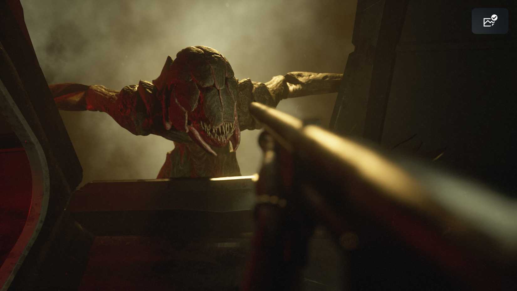 A Quiet Place The Road Ahead: the alien stares down at the player from the roof of a van, a gun aimed at it