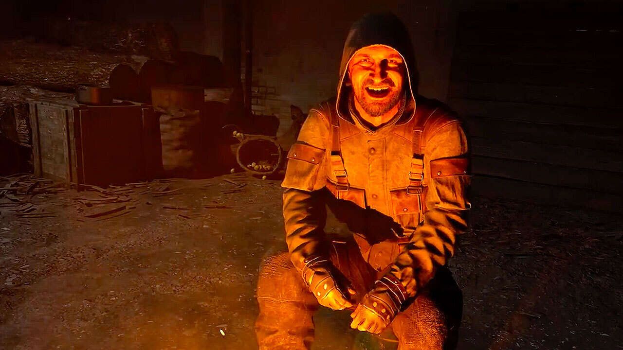 A widely grinning Scar by a campfire in STALKER 2.-1