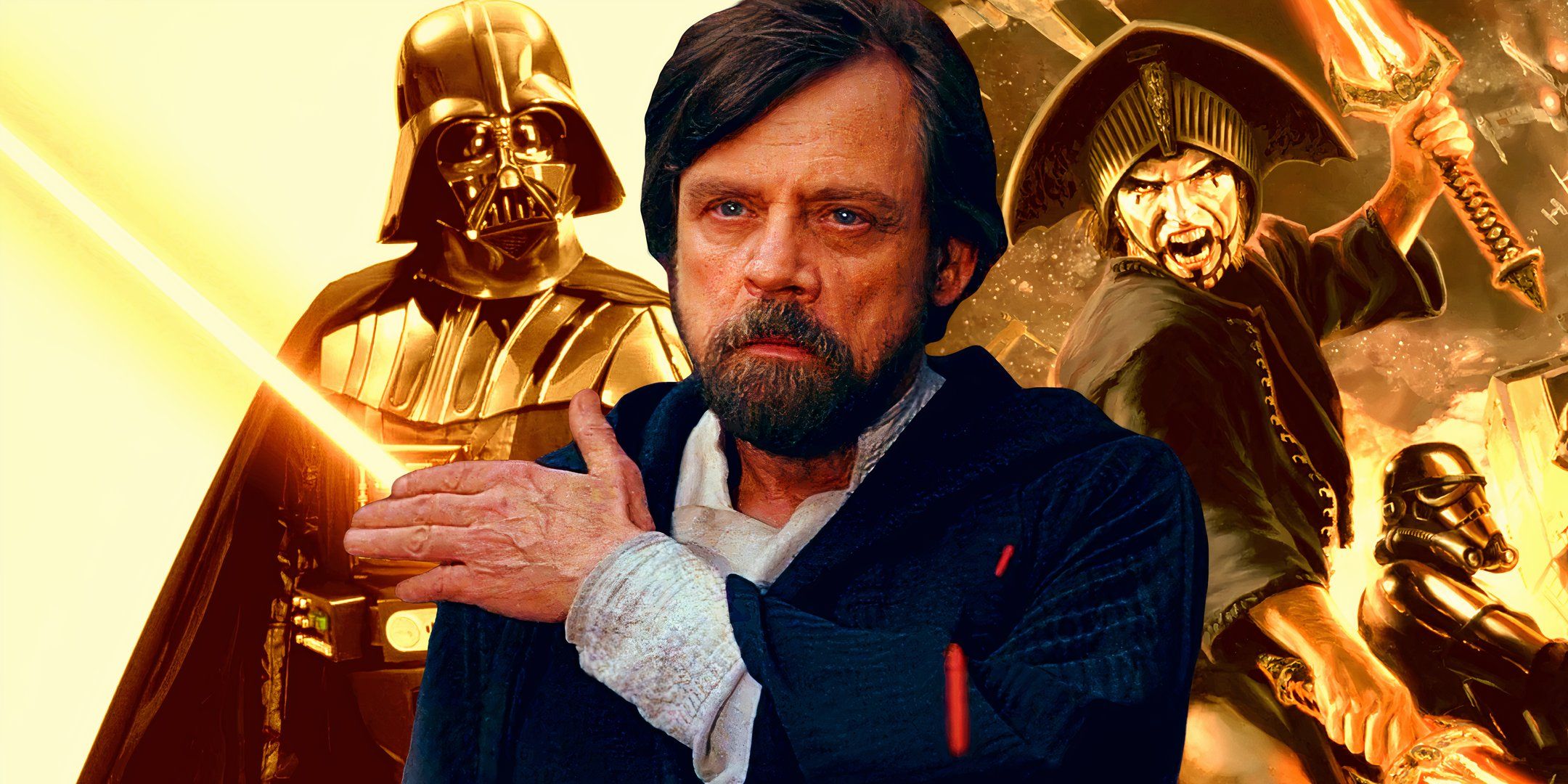 Luke Skywalker wiping dust off his shoulder in Star Wars: The Last Jedi with a yellow tinted image of Darth Vader and Lord Shadowspawn on either side in the background.