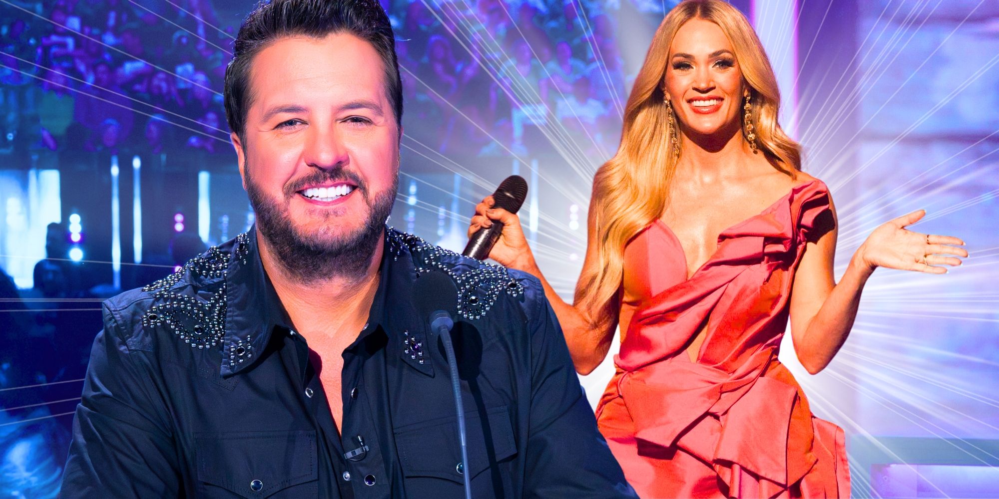 American Idol’s Luke Bryan smiles and Carrie Underwood smiles while holding a mic.