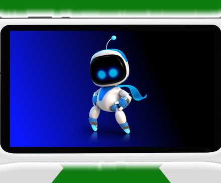 Astro Bot на экране белой портативной консоли, на фоне зеленого цвета, показывающего логотип Xbox.