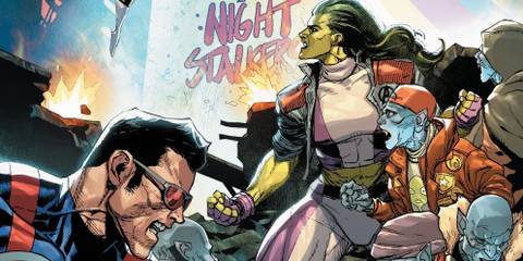 Comic book art: She-Hulk and Wonder Man fight alongside vampires.