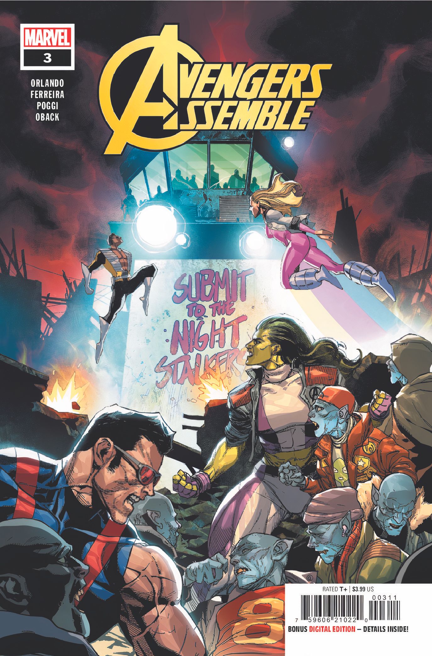 El nuevo equipo de Avengers Assemble, incluidos She-Hulk y Wonder Man, en la portada de Avengers Assemble #3. 