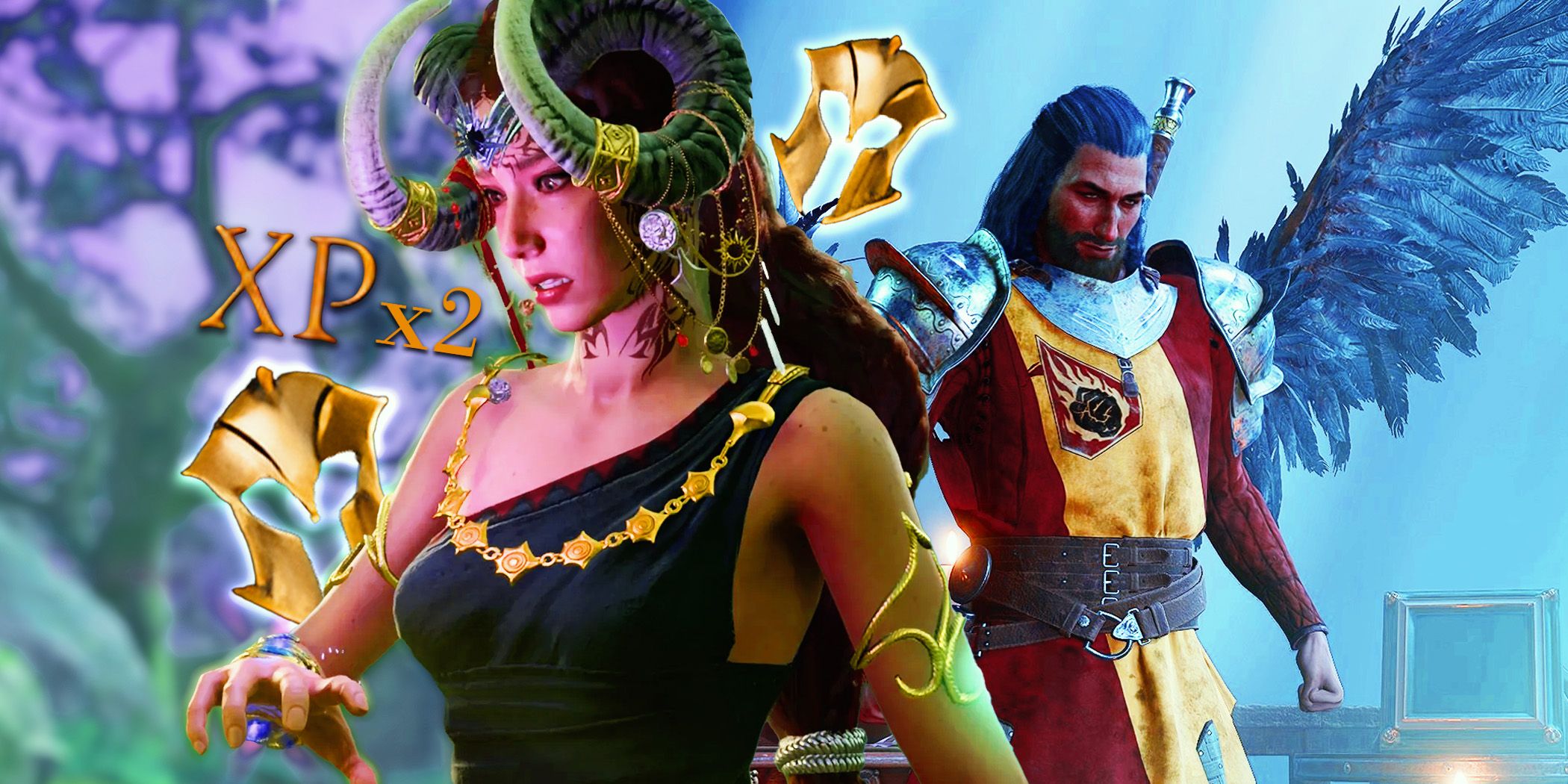 Baldur's Gate 3 character with wings, another character and double xp