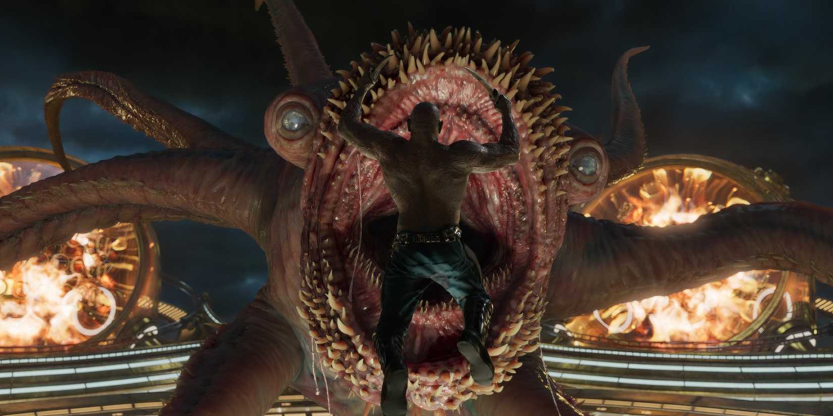 Dave Bautista as Drax jumping into the Abilisk's mouth in Guardians of the Galaxy Vol. 2