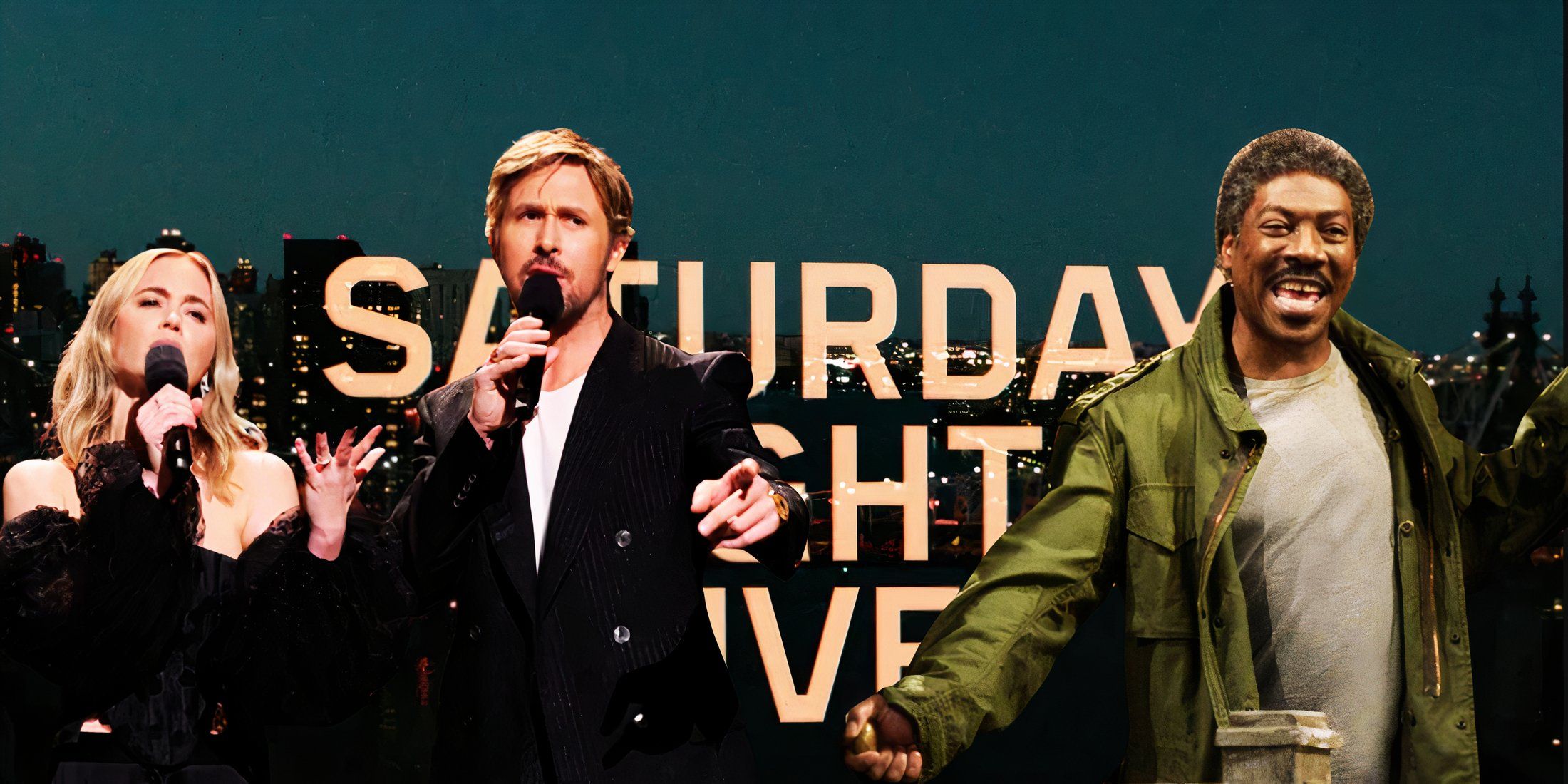 Emily Blunt, Ryan Gosling, and Eddie Murphy over the logo for Saturday Night Live