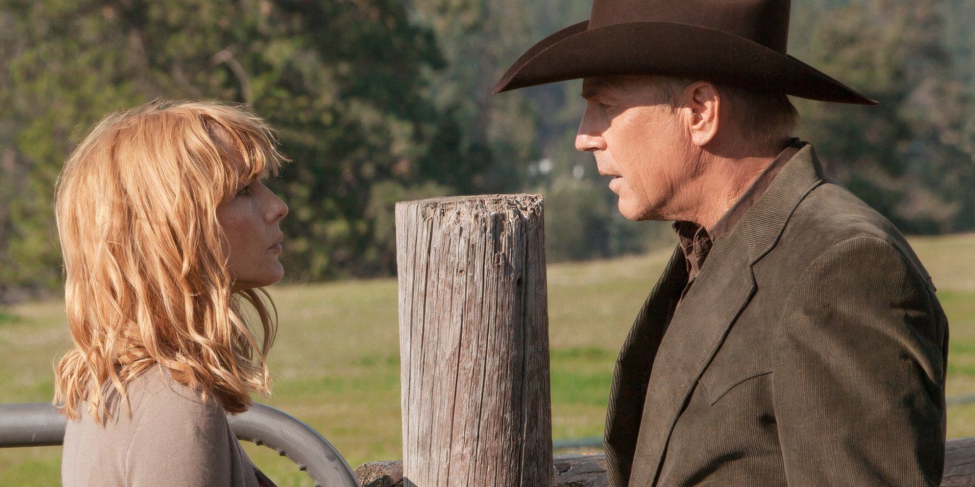 Beth (Kelly Reilly) and John Dutton (Kevin Costner) arguing on the ranch in Yellowstone