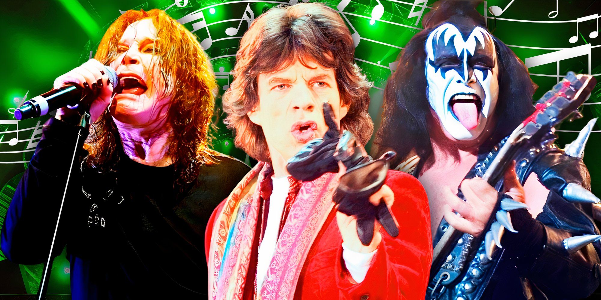 Black Sabbath, Mick Jagger of The Rolling Stones, and Kiss performing live, edited over musical notes.