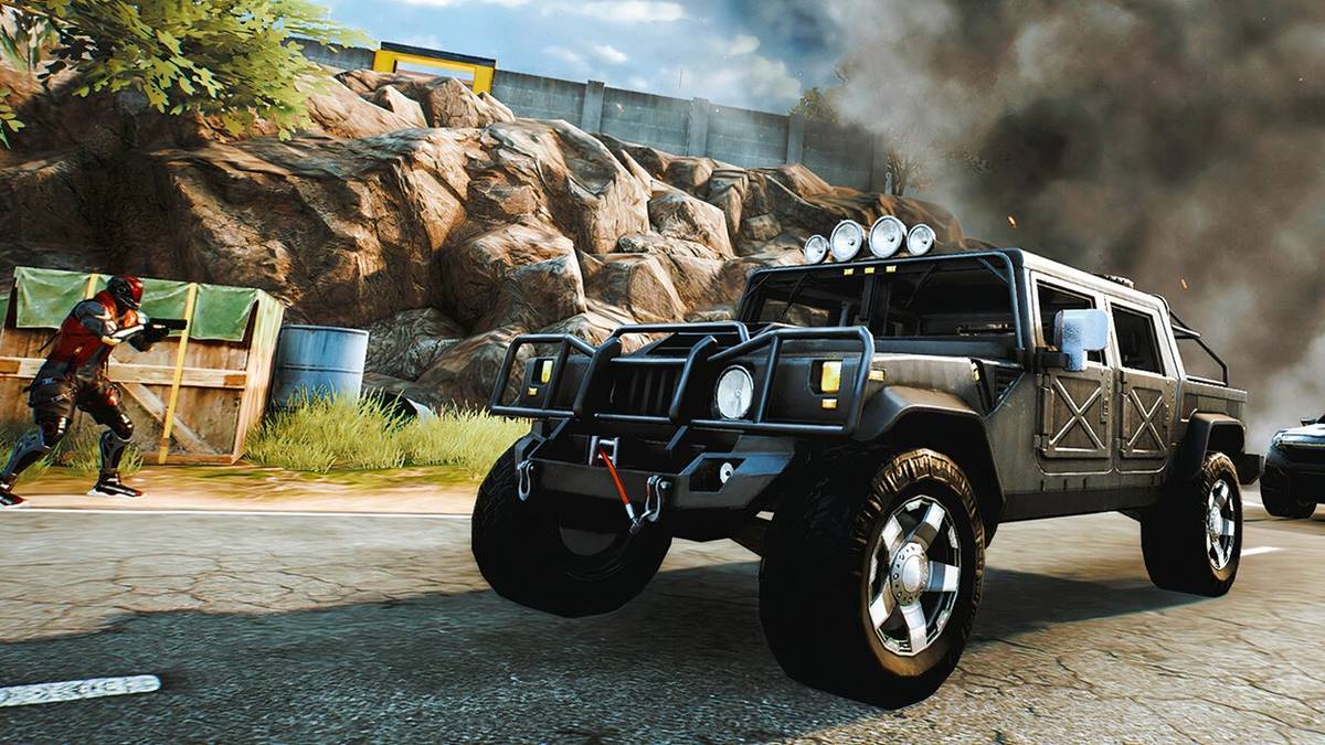 Blood Strike vehicles near smoke and operator.