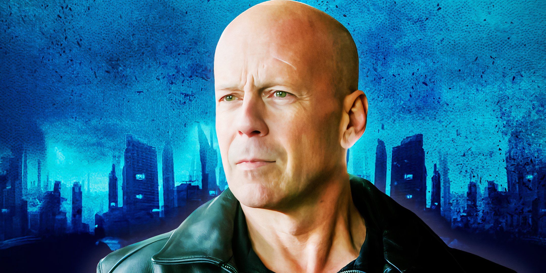 An edited of Bruce Willis in Red with a blue background.