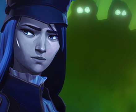 Кейтлин из Arcane (2021-2024) рядом со стрелковой группой из Пильтовера, идущей по The Gray