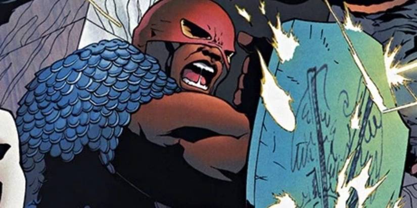 Джоша X, использующий свою версию щита Капитана Америки для отражения пуль.