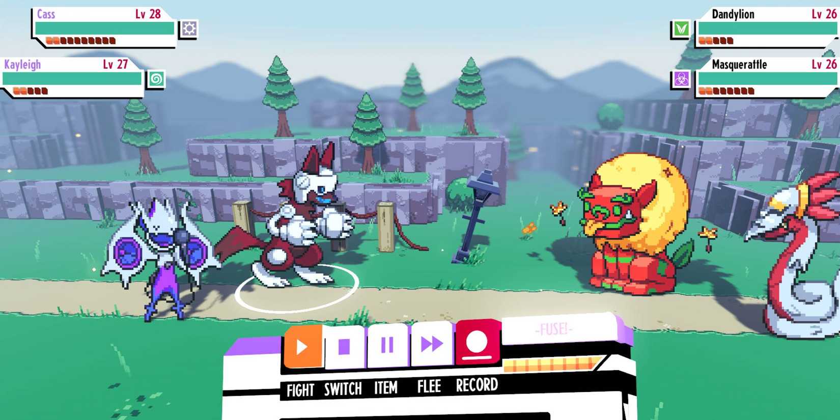 A battle between four monsters in Cassette Beasts.