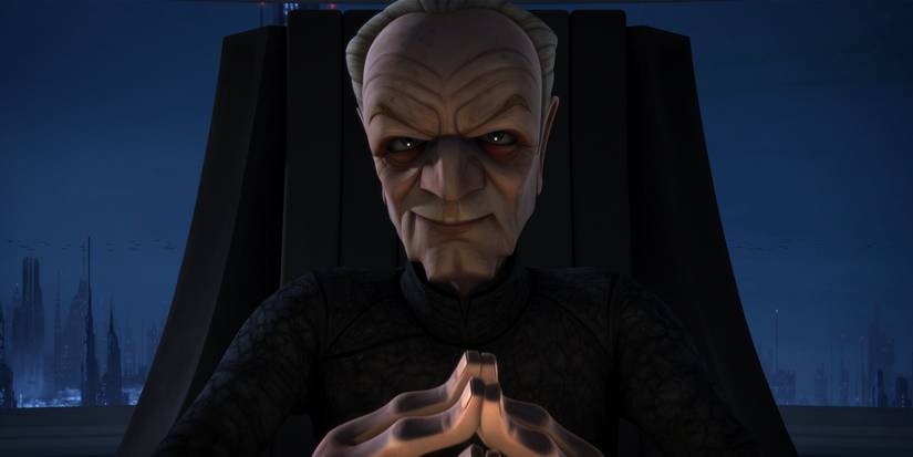 Chancellor Palpatine with his fingers steepled and looking evil in The Clone Wars