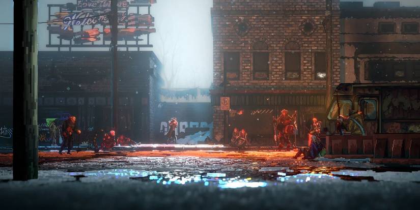 Characters from Replaces standing on a worn down street.