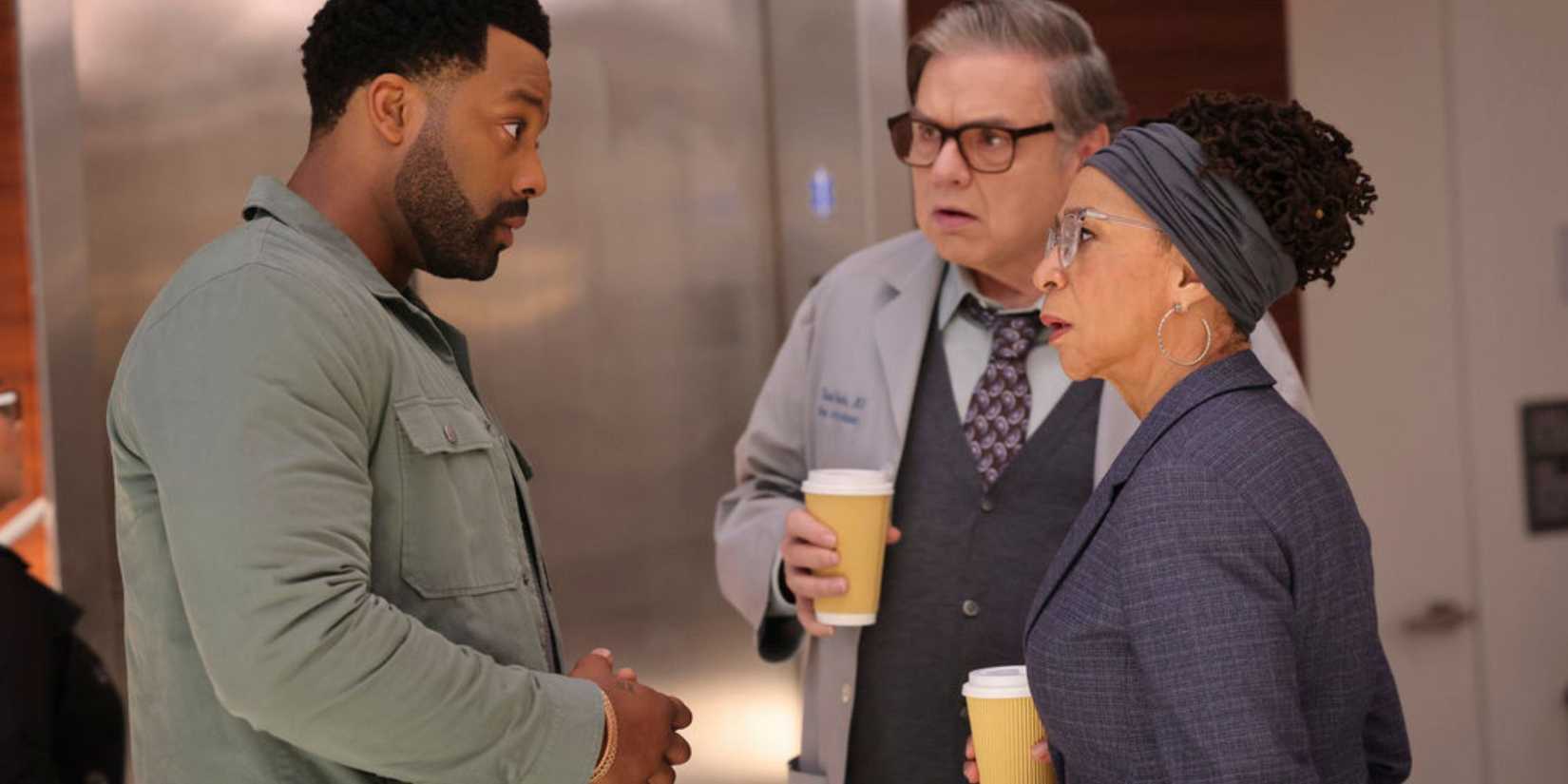 Chicago Med Atwater talks with Sharon and Charles at the elevator bay