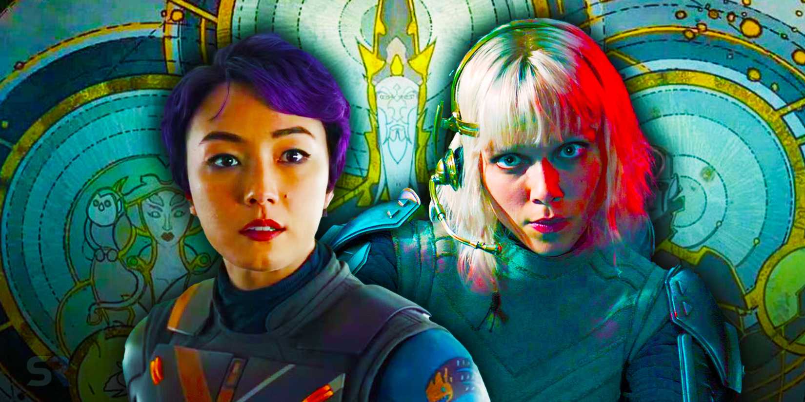Sabine Wren to the left and Shin Hati to the right both from the Ahsoka show in front of an image of the Mortis Gods