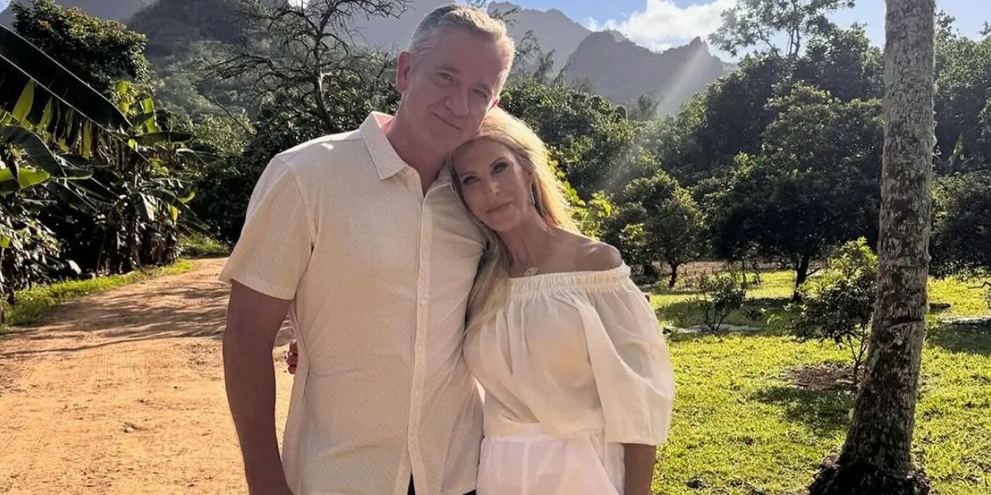 The Golden Bachelorette's chock chapple and joan vassos outside with mountains in background