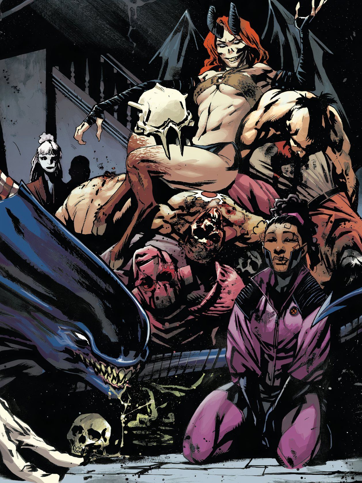 Demon Madelyne Pryor sits on a pile of bodies.