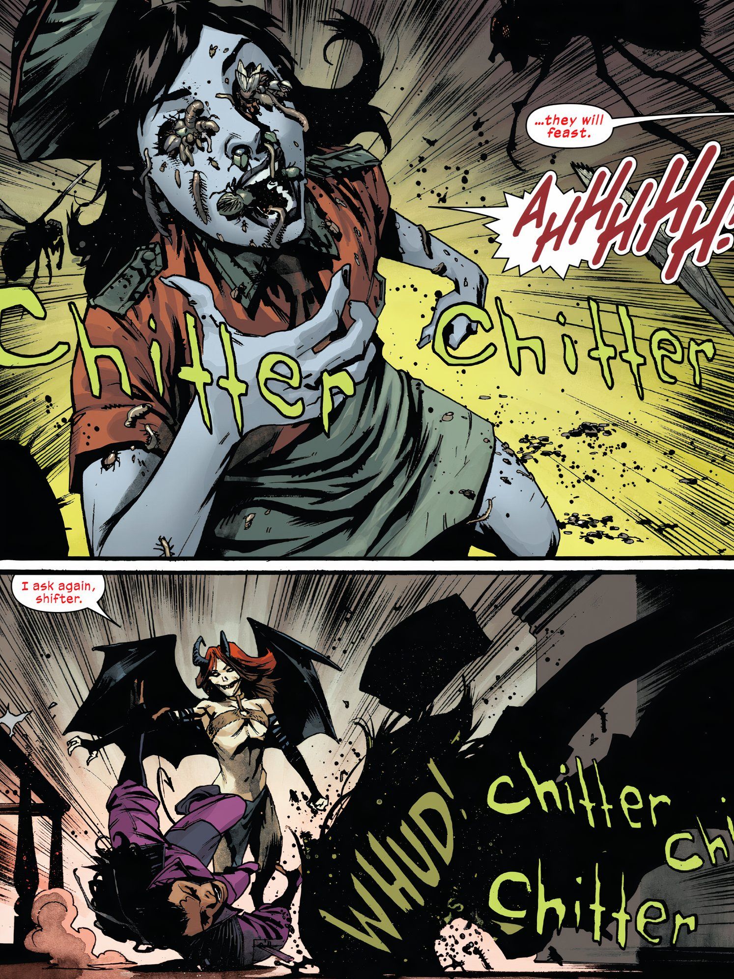 A mutant has bugs crawl out of her mouth.