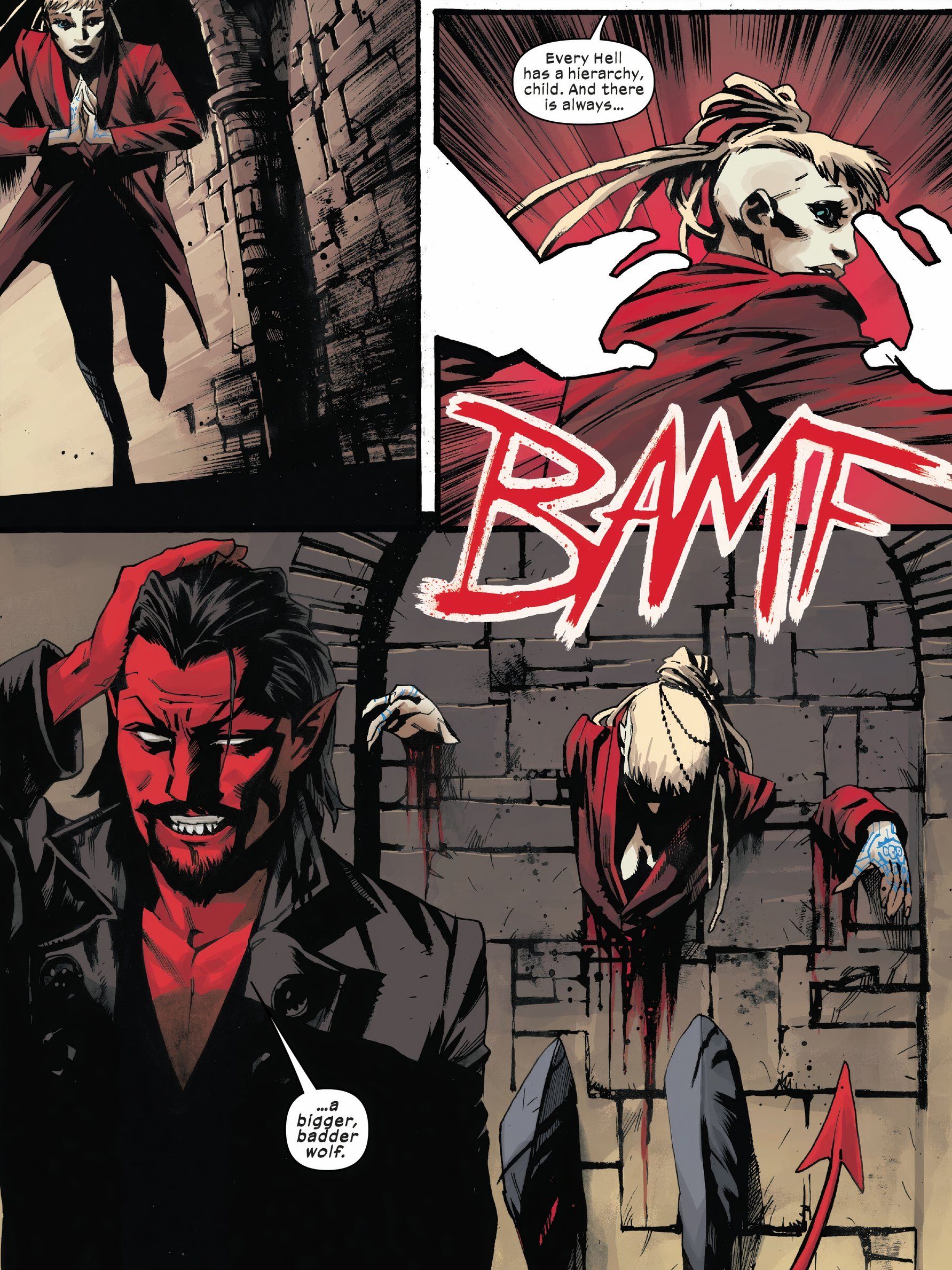 Azazel traps a woman in the middle of a wall.