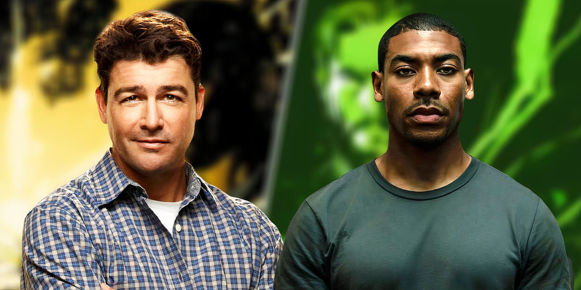 Blurred artwork from the DCU's Lanterns show behind Kyle Chandler and Aaron Pierre