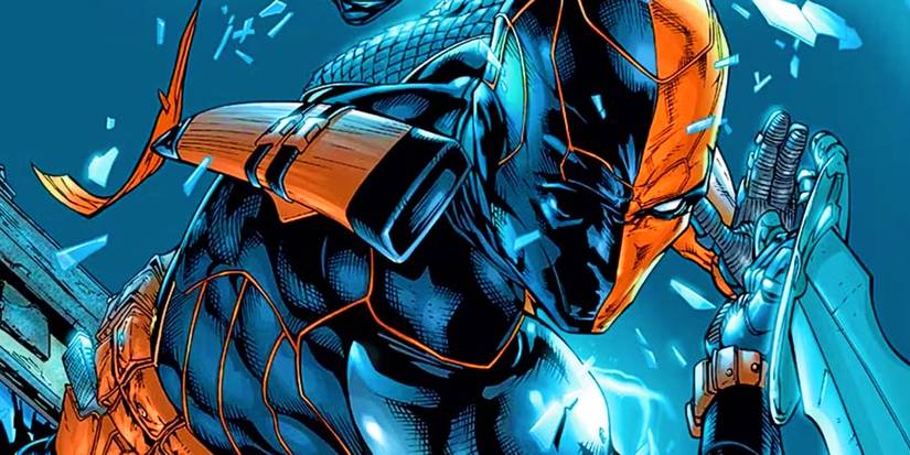 Deathstroke leaping into action, holding a large sword, with shards of glass flying around him.