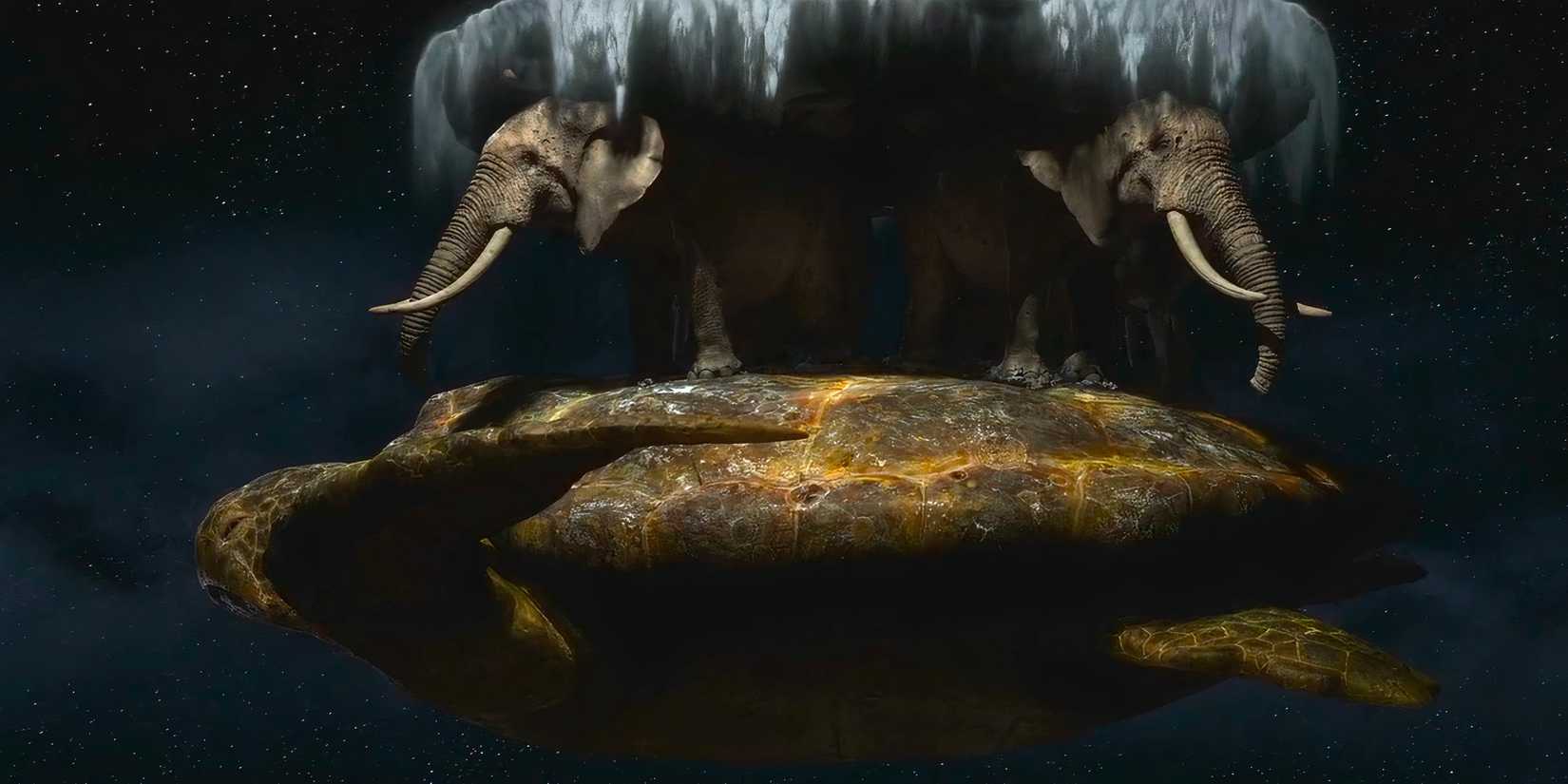 Discworld and Great A'Tuin seen from the side in Sky One's The Colour of Magic
