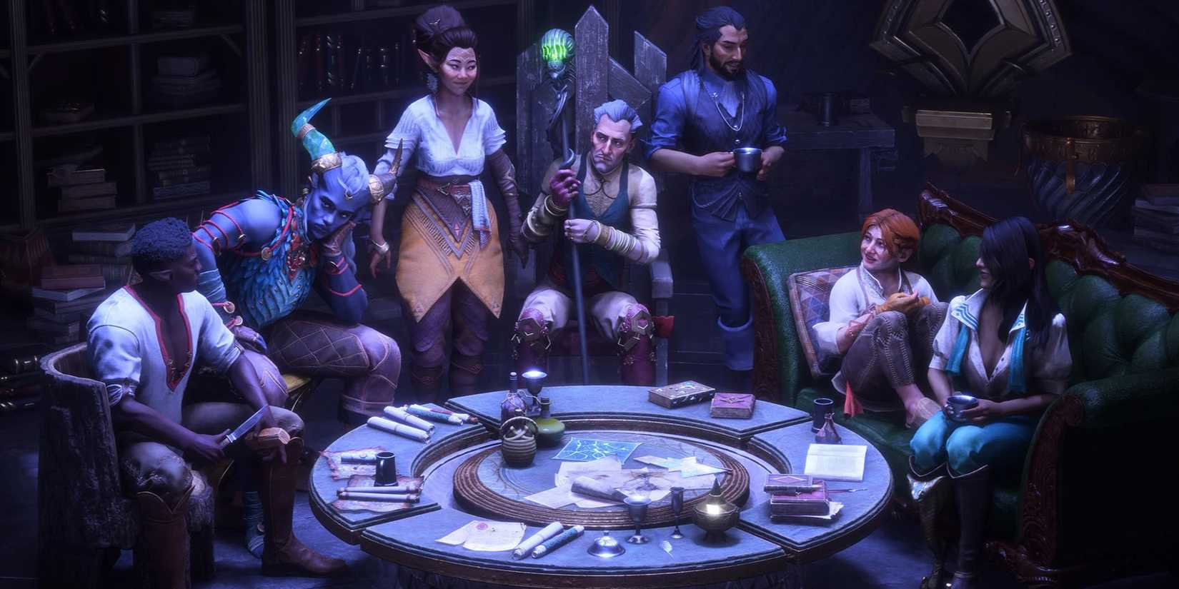 The Companions Around the Library Table In Dragon Age The Veilguard