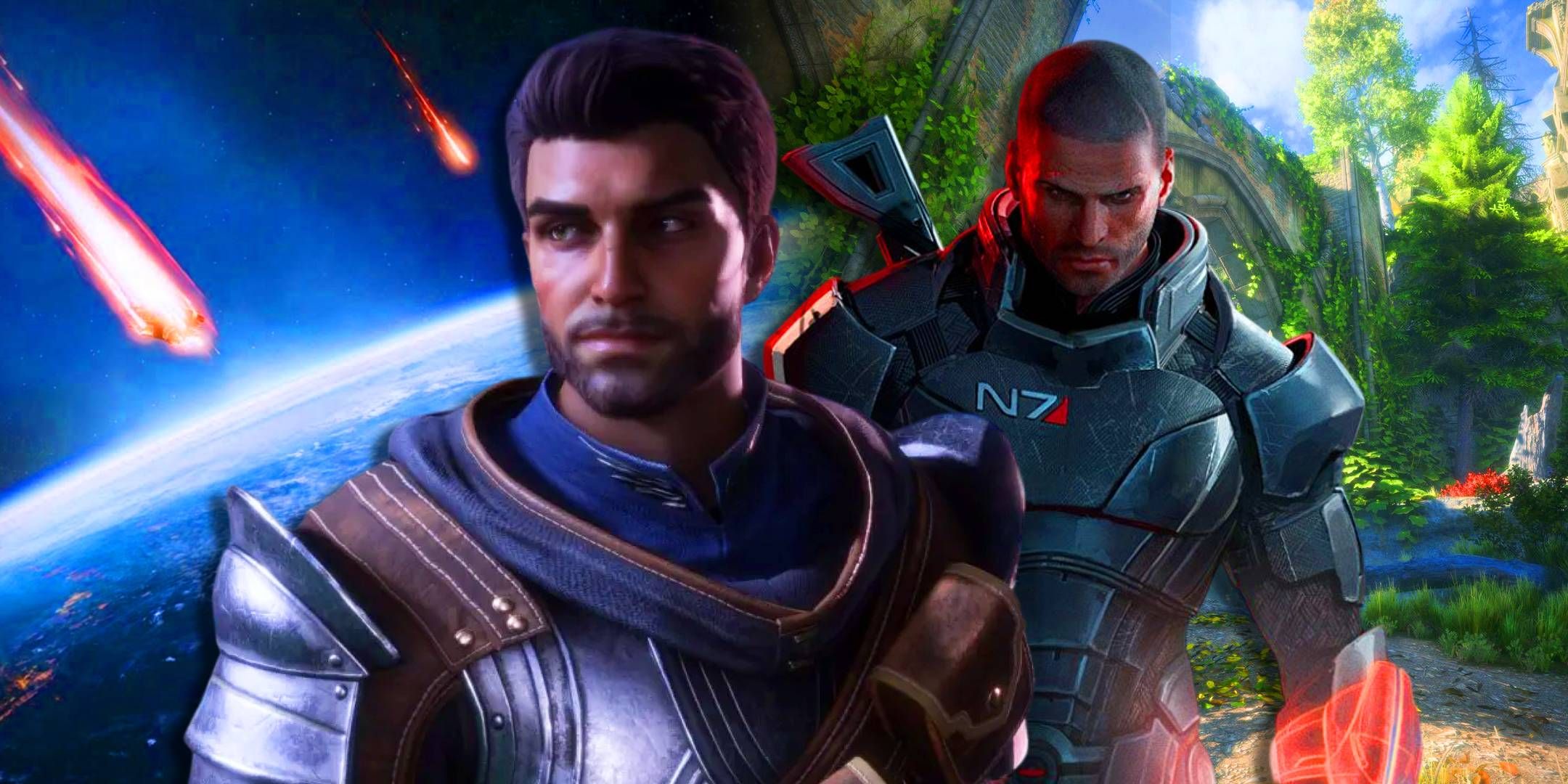 A male Rook from Dragon Age The Veilguard next to Commander Shephard from Mass Effect.