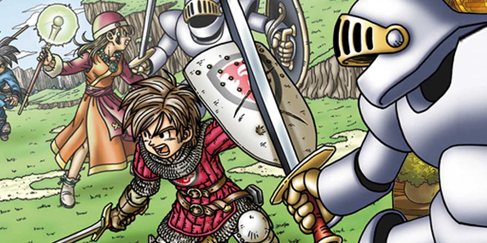 Key art for Dragon Quest 9 featuring the hero blocking an attack from a knight with his shield.