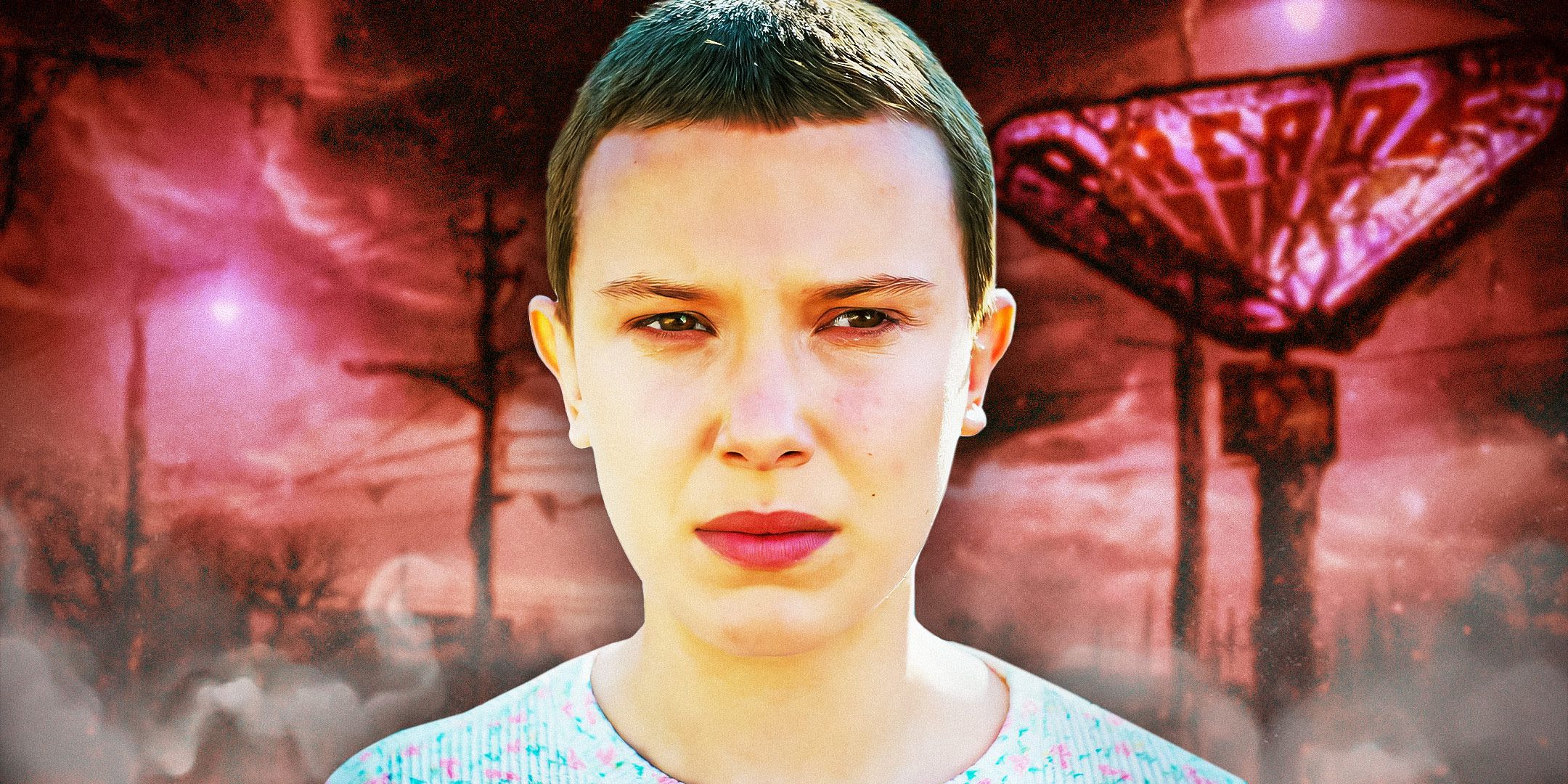 Мили Бобби Браун в роли Элли, серьезно смотрящая в "Stranger Things" с красным небом Подминого мира на заднем плане