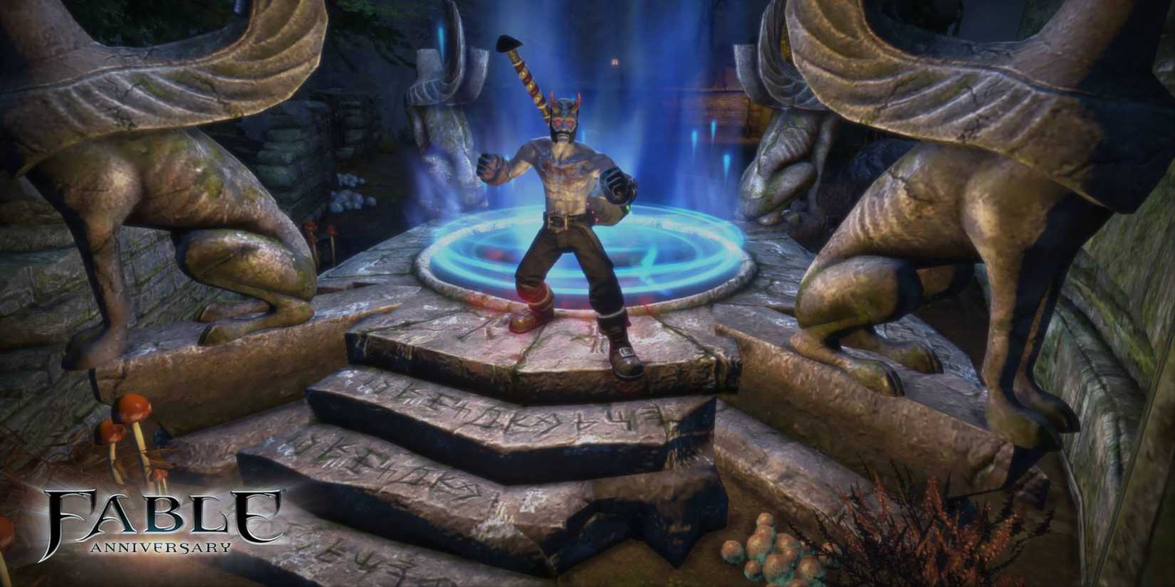 The player standing next to a glowing blue portal in Fable Anniversary.