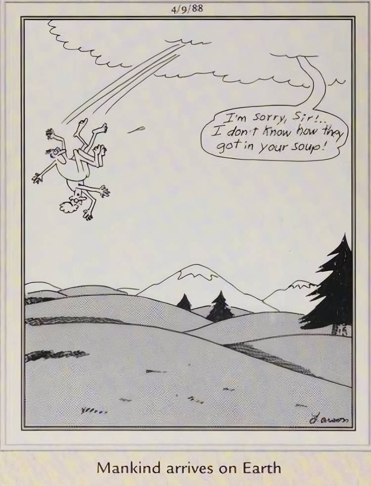 10 Deepest The Far Side Comics That Fans Are Still Thinking About Decades Later 5 Far Side, April 9, 1988, God spits Adam and Eve out onto the Earth