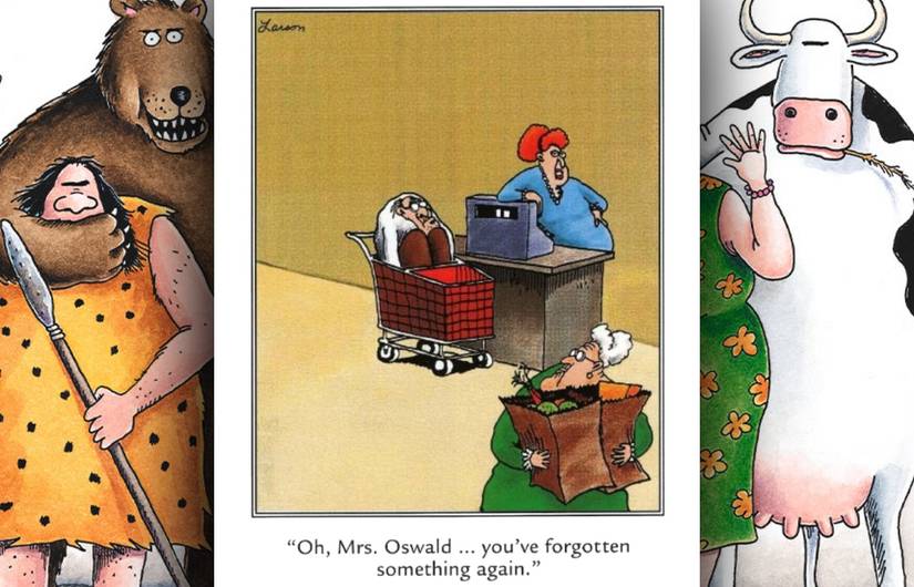 far side comic where an old man has been left in a trolley by his wife
