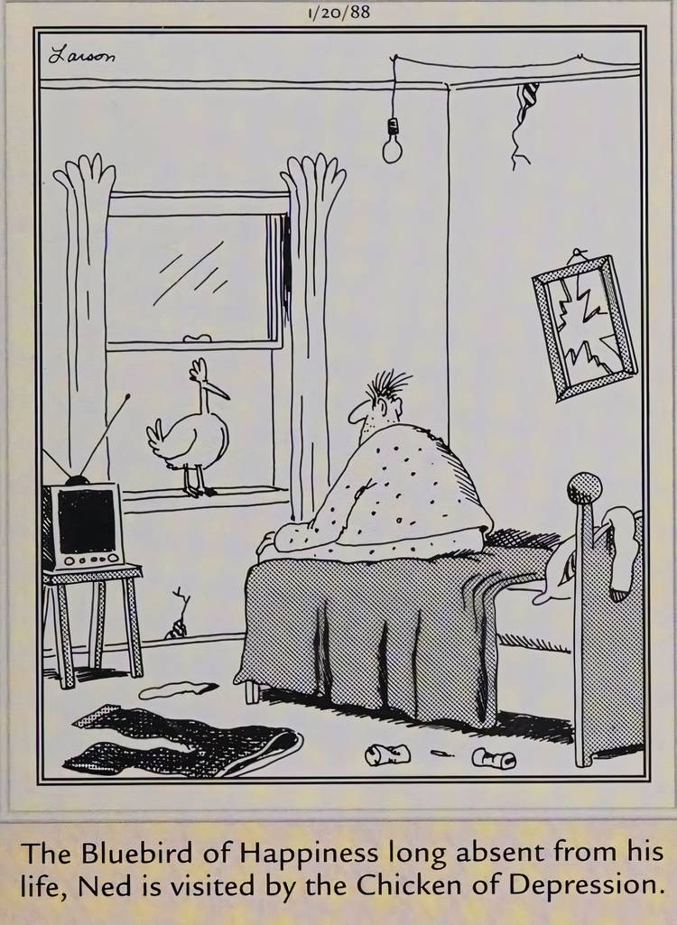 Far Side, January 20, 1988, a man is visited by the 'Chicken of Depression'