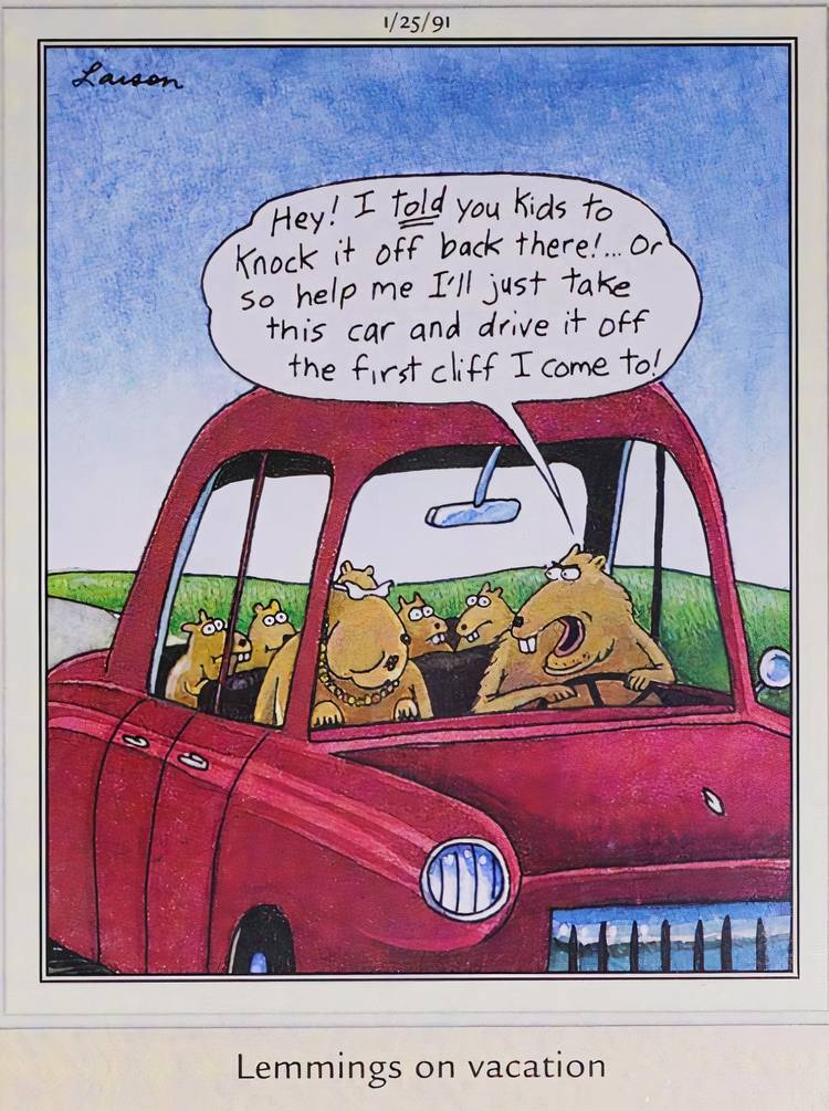 Far Side, 25 בינואר 1991, אב למינג מאיים להבריח את משפחתו מצוק