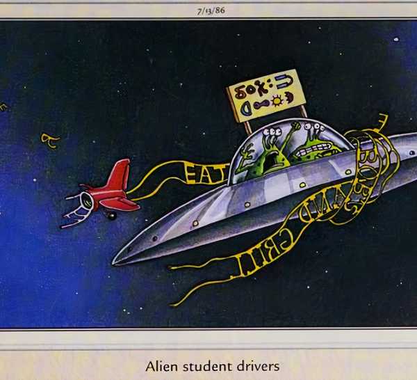 Far Side, July 13, 1986, alien student drivers drive recklessly over earth