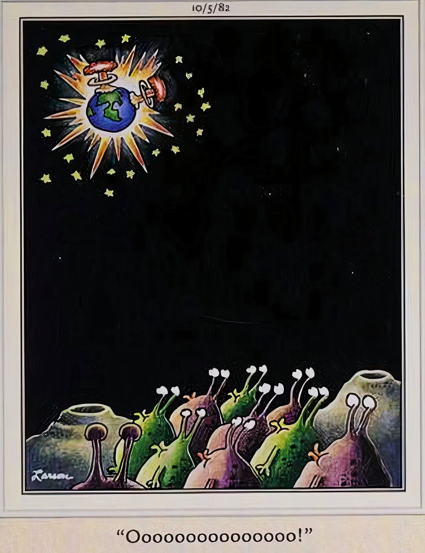 Far Side, 5 de octubre de 1981, una multitud de extraterrestres hace 'oooooo' mientras ven la Tierra explotar en una conflagración nuclear.
