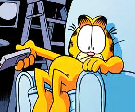 Garfield watching TV with the remote in his hand