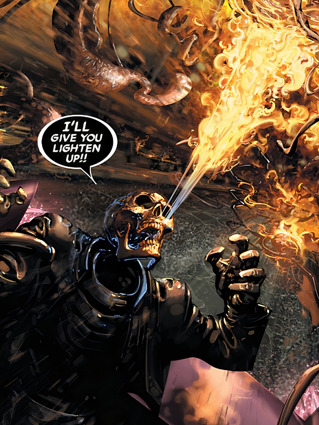 Ghost Rider breathes fire.