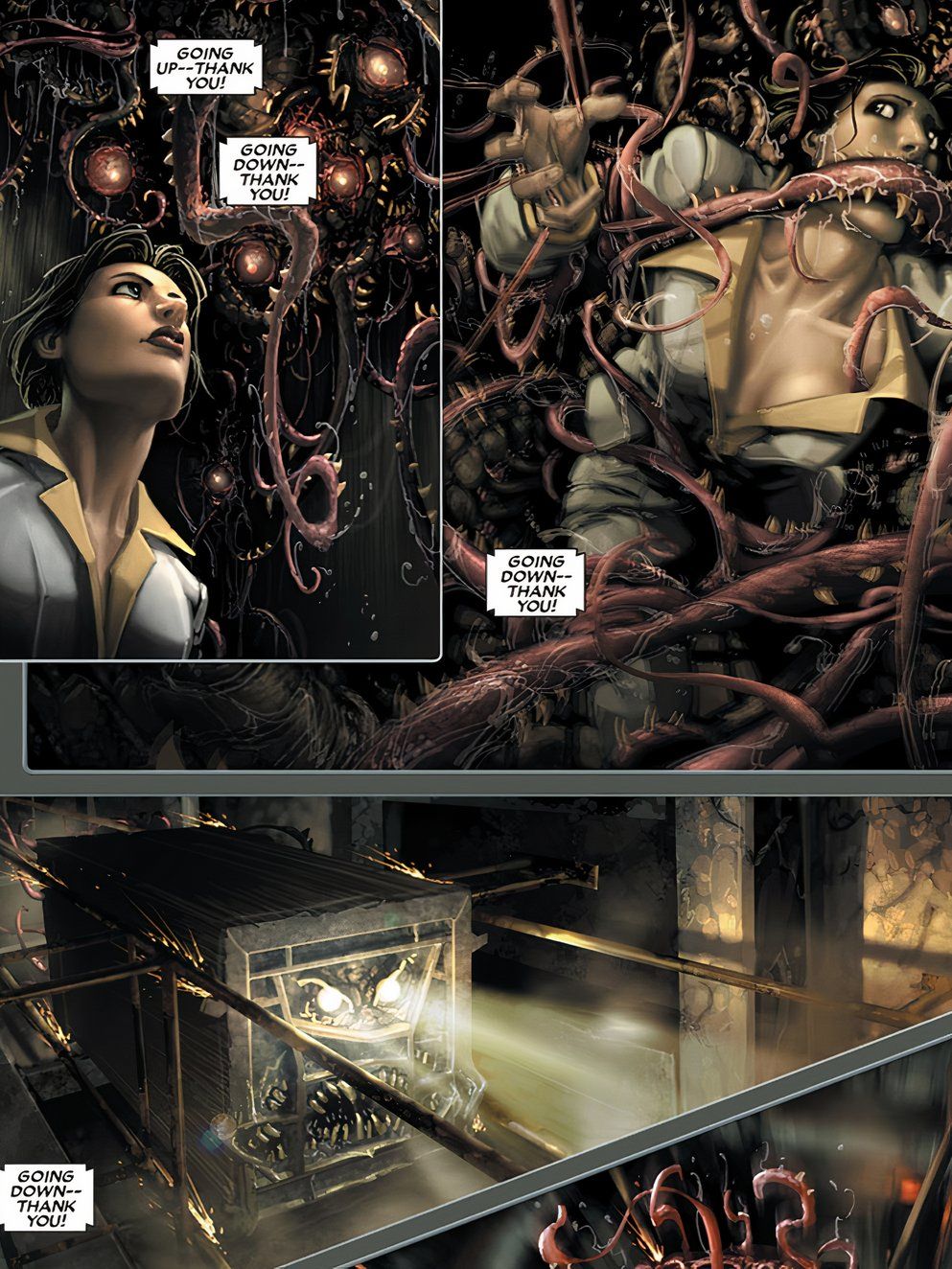 A demonic elevator consumes a woman.