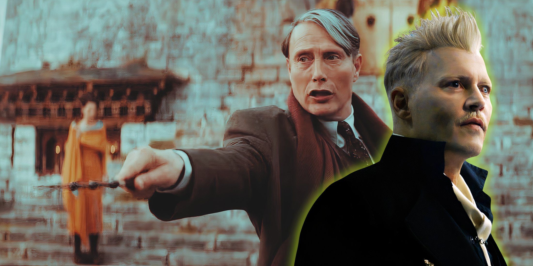 Изображение Джона Хилла в роли Гриндевальда поверх изображения Мадса Миккельсена в роли Гриндельвальда в фильмах "Фантастические твари"