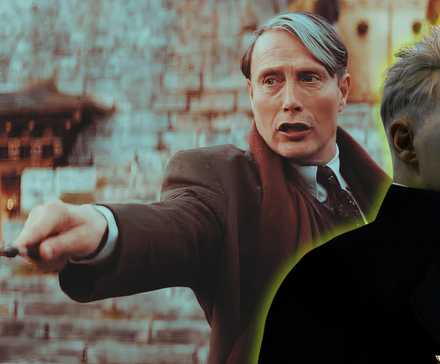 Изображение Джона Хилла в роли Гриндевальда поверх изображения Мадса Миккельсена в роли Гриндельвальда в фильмах "Фантастические твари"