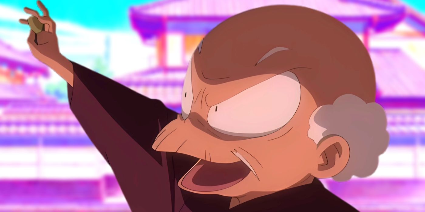 Хаппосай с зловещей улыбкой, держащий в руке древний артефакт. За ним виден дом Тендо.