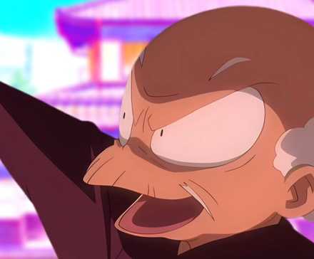 Хаппосай с зловещей улыбкой, держащий в руке древний артефакт. За ним виден дом Тендо.