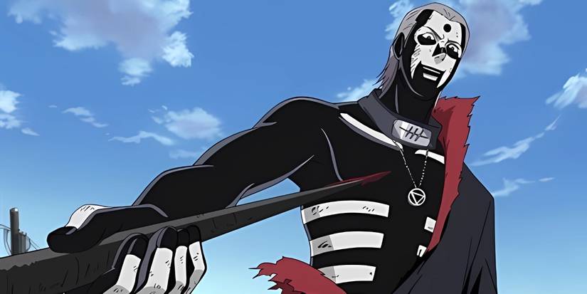 Hidan prepares to kill his enemy by drinking their blood. 