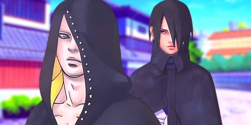 Hidari and Sasuke standing one in front of the other. Behind them, the Uchiha main house can be seen. 