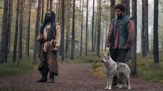 Elyas Machera, Perrin Aybara, and Hopper the Wolf standing in the woods in The Wheel of Time
