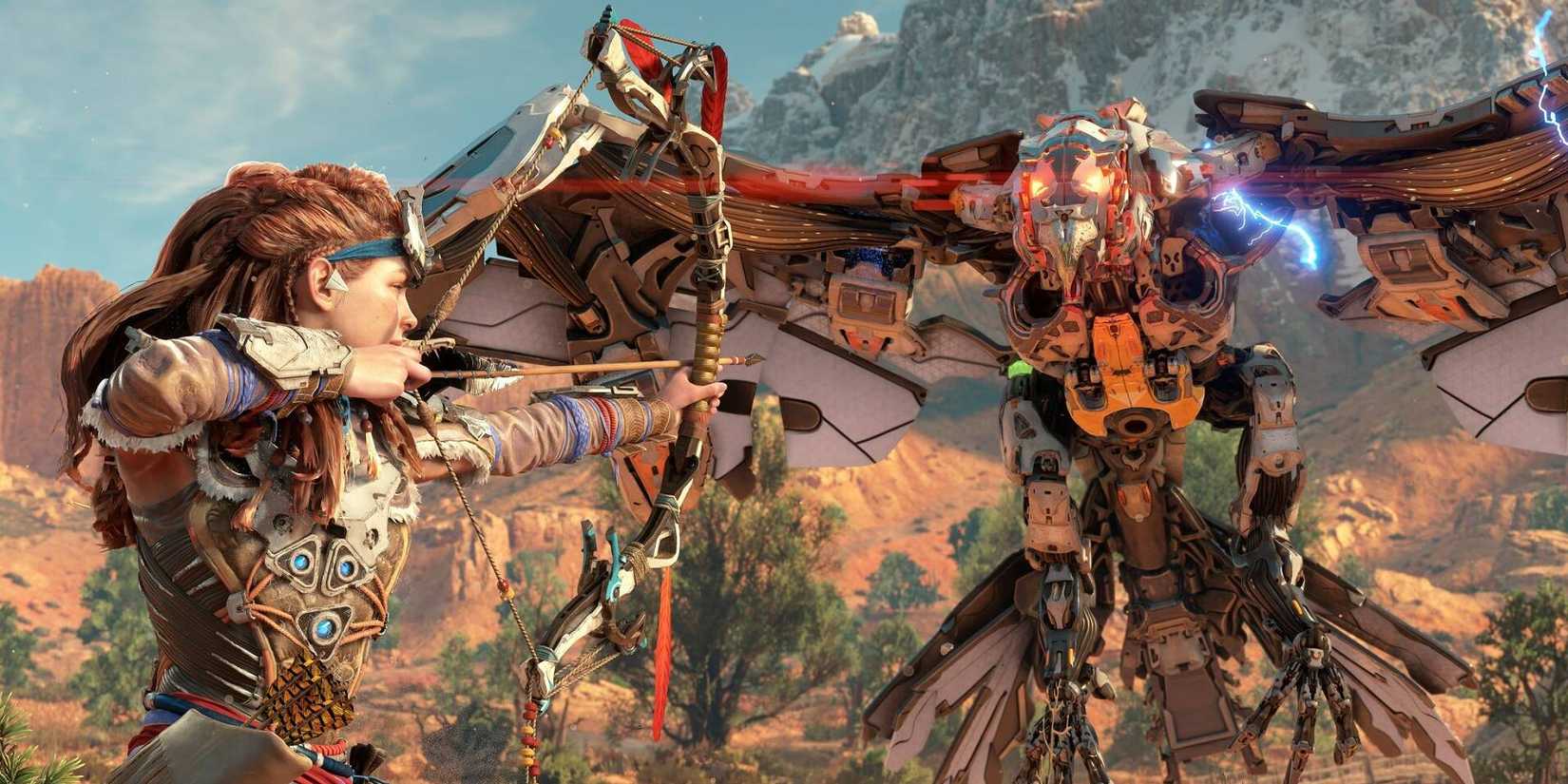 Aloy mirando com seu arco em Horizon Zero Dawn Remastered.